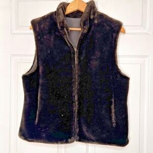VTG Blassport Womens M Brown Reversible Vest Faux Fur Full Zip Mock Neck Classic